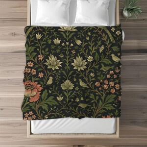 Soft Velveteen Throw Blanket Botanical Floral Pattern English Garden Heritage Design Birds Vines Nature Inspired Textile Grandmillennial Style Cottagecore Aesthetic Sofa Accent Piece Couch Decorative Throw Charcoal Background Sage Green