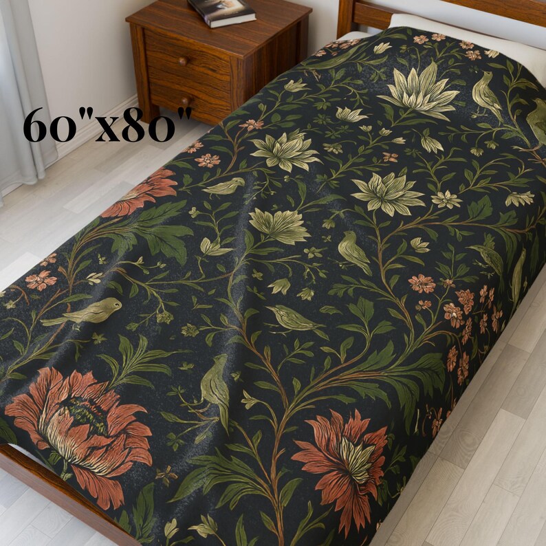 Cottagecore Botanical Textile Heritage Floral Throw Blanket Velveteen Soft Fabric English Garden Pattern Birds Botanical Vines Grandmillennial Style Nature Lover Gift Sofa Accent Couch Throw Charcoal Sage Rose Design Housewarming Present