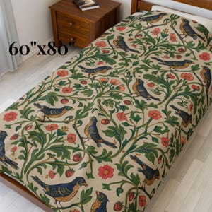 Velveteen Throw Blanket Soft Botanical Pattern Floral Bird Design William Morris Style Heritage Textile English Garden Aesthetic Cottagecore Sofa Accent Armchair Styling Daily Comfort Premium Quality Construction Beige Sage Green Dusty Blue