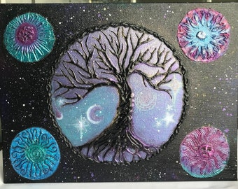 Peinture acrylique mixte, arbre de vie cosmique « Tout est connecté »