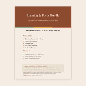 Pode incluir: Um documento Planning & Focus Bundle contendo cinco folhas de trabalho imprimíveis para clientes de terapia. O texto inclui seções como What's inside, detalhando um Daily Focus Planner, e Who it's for, listando terapeutas e conselheiros.