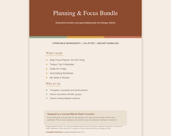 ADHD Planning and Focus Worksheets Bundle, Executive Function Tools for Therapy Clients, Counselor Goal Setting Printables, Digital PDF