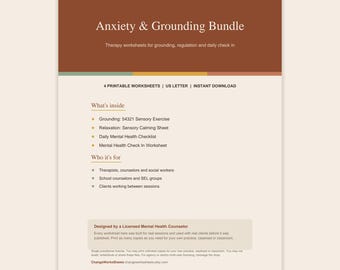 Anxiety and Grounding Worksheets Bundle, 54321 Sensory Coping Skills for Therapists and School Counselors, Mental Health Check In PDF