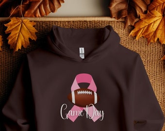 Football Game Day Breast Cancer Awareness Hooded Sweatshirt, Pink Ribbon