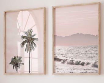 Set of 2 Prints Printable Art Tropical Print Beach Print Palm Tree Print Pink Wall Art Set of Wall Art Coastal Decor Beach Printable Art