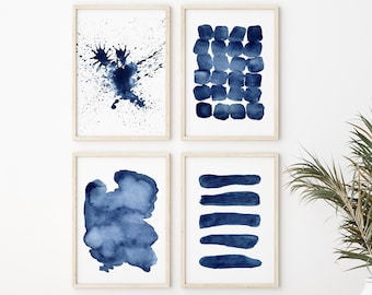 Navy Blue Wall Art Abstract Watercolor Print Set of 4 Prints Blue Abstract Wall Art Navy Blue Art Printable Wall Art Home Decor Prints