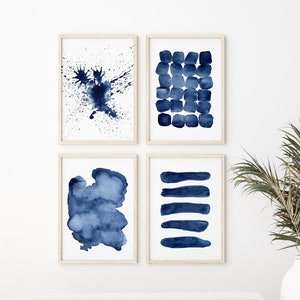 Navy Blue Wall Art Abstrakter Aquarell-Druck 4er-Set Prints Blaue Abstrakte Wandkunst Navy Blue Kunst druckbare Wandkunst Wohnkultur Drucke
