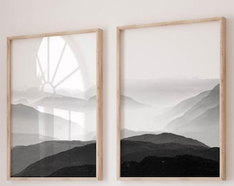 Set of 2 Print Mountain Wall Print Black and White Print Landscape Print Wall Art Printable Nature Wall Art Digital Download PRINTABLE Art