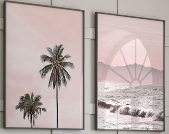 Set of 2 Prints Printable Art Tropical Print Beach Print Palm Tree Print Pink Wall Art Set of Wall Art Coastal Decor Beach Printable Art