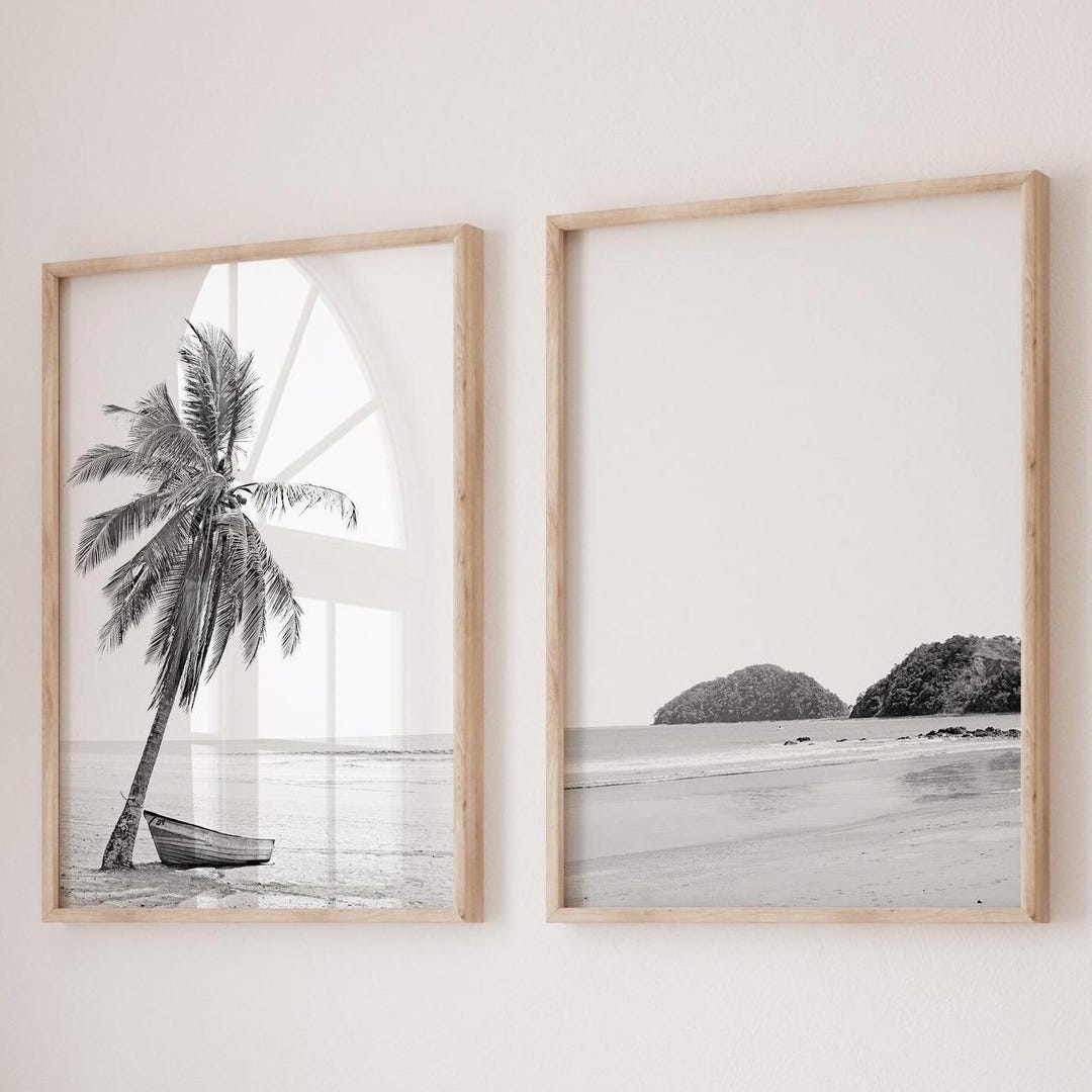 Set of 2 Black and White Prints Beach Wall Art Coastal Print Palm Print ...