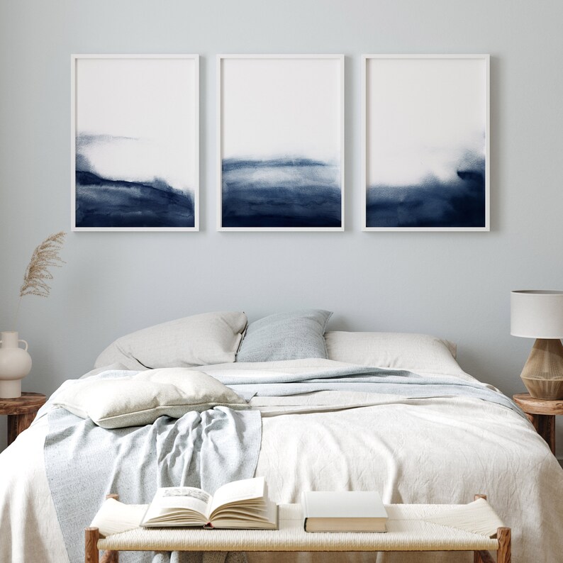 Navy Blue Wall Art Set of 3 Prints Abstract Wall Art Prints Navy Blue ...