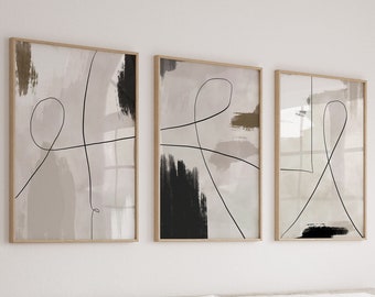Abstrakte druckbare Wandkunst, 3-er Set minimalistische, moderne neutrale Wandkunst, beige und weiße abstrakte Drucke, 3-teilige druckbare Wandkunst