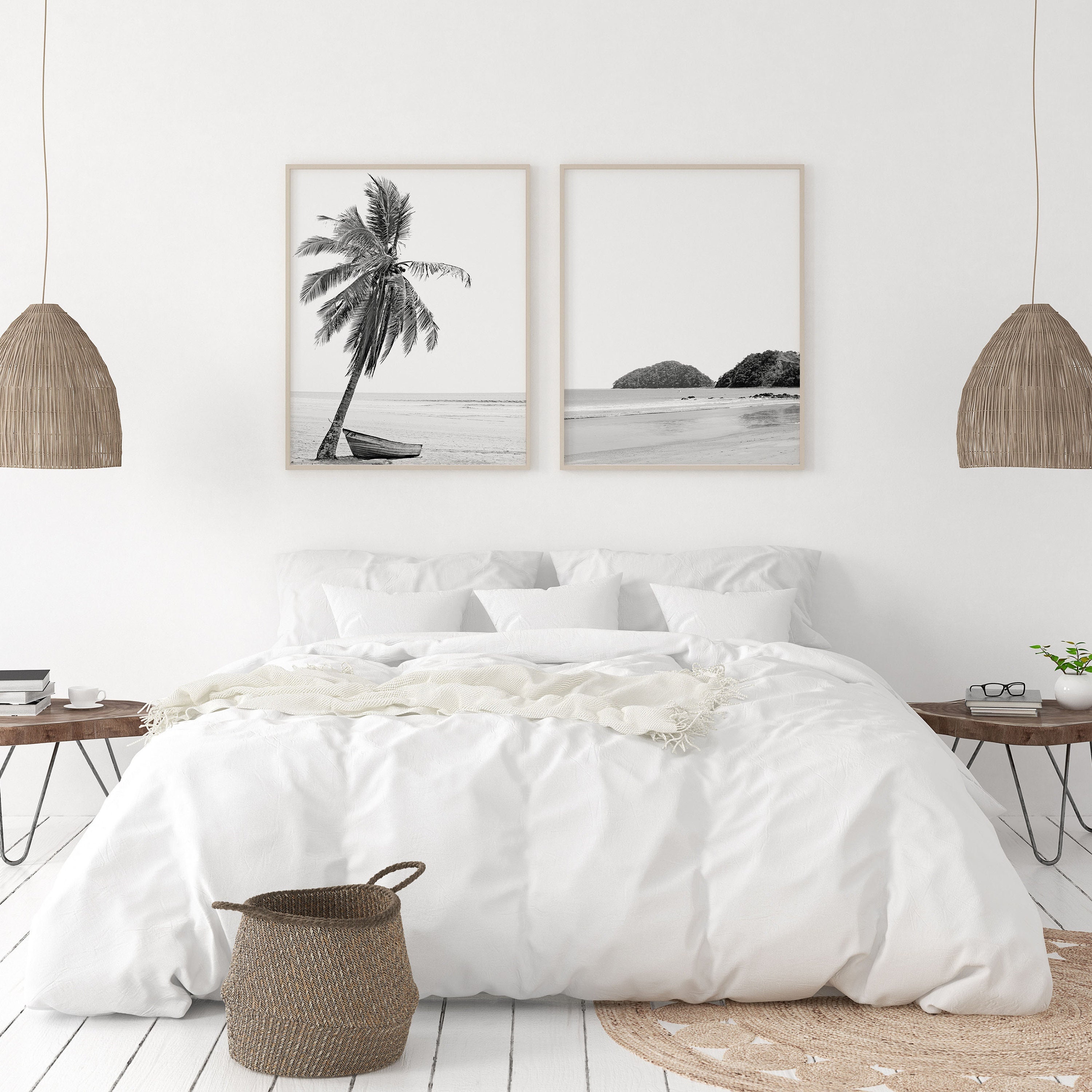Set of 2 Black and White Prints Beach Wall Art Coastal Print Palm Print ...