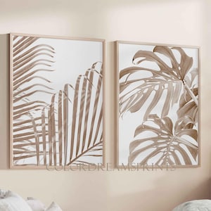 Palm Leaves Wall Art Botanical Print Set of 2 Wall Art Tropical Prints Digital Prints Monstera Art Palm Leaf Printable Art Beige Wall Art