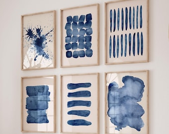 Blue Abstract Wall Art Set of 6, Watercolor Prints, Navy Blue Modern Art, Minimalist Gallery Wall Decor, Printable Digital Download