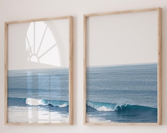 Stampa Onde dell'Oceano, Set di 2 Stampe dell'Oceano, Stampa Mare Blu, Fotografia dell'Oceano, Arte Costiera da Parete, Decorazione Moderna da Parete, Stampa Spiaggia