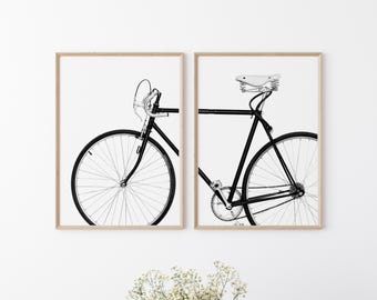 Vintage Bicycle Wall Art, Black and White Cycling Print, Minimalist Bike Poster, Set of 2 Print, Printable Art, Digital Download