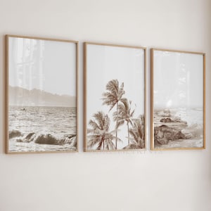 3er Set Strand Poster Küsten Wandkunst Neutral Strand Druck Palmendrucke Tropische Wandkunst Neutral Ton Palmen Wandkunst Ozean Wandkunst Poster