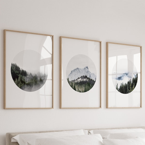 Set of 3 Wall Art Mountain Print Set Scandinavian Art Nature Photography Forest Wall Art Printable Art 3 Piece Set Forest Art Circle Art