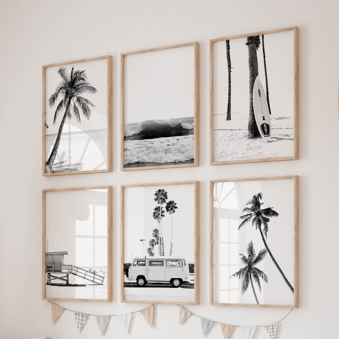 Set of 6 Beach Prints Black and White Beach Wall Art Prints Palm Prints ...