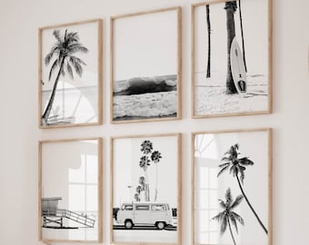 Set of 6 Beach Prints Black and White Beach Wall Art Prints Palm Prints Surf Wall Art Ocean Printable Art 6 Piece Coastal Wall Decor Poster