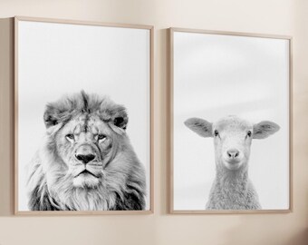 Lion and Lamb Wall Art Lion Print Wall Art Decor Nursery Print Black and White Nursery Wall Art Home Decor Animals Wall Decor Print Art