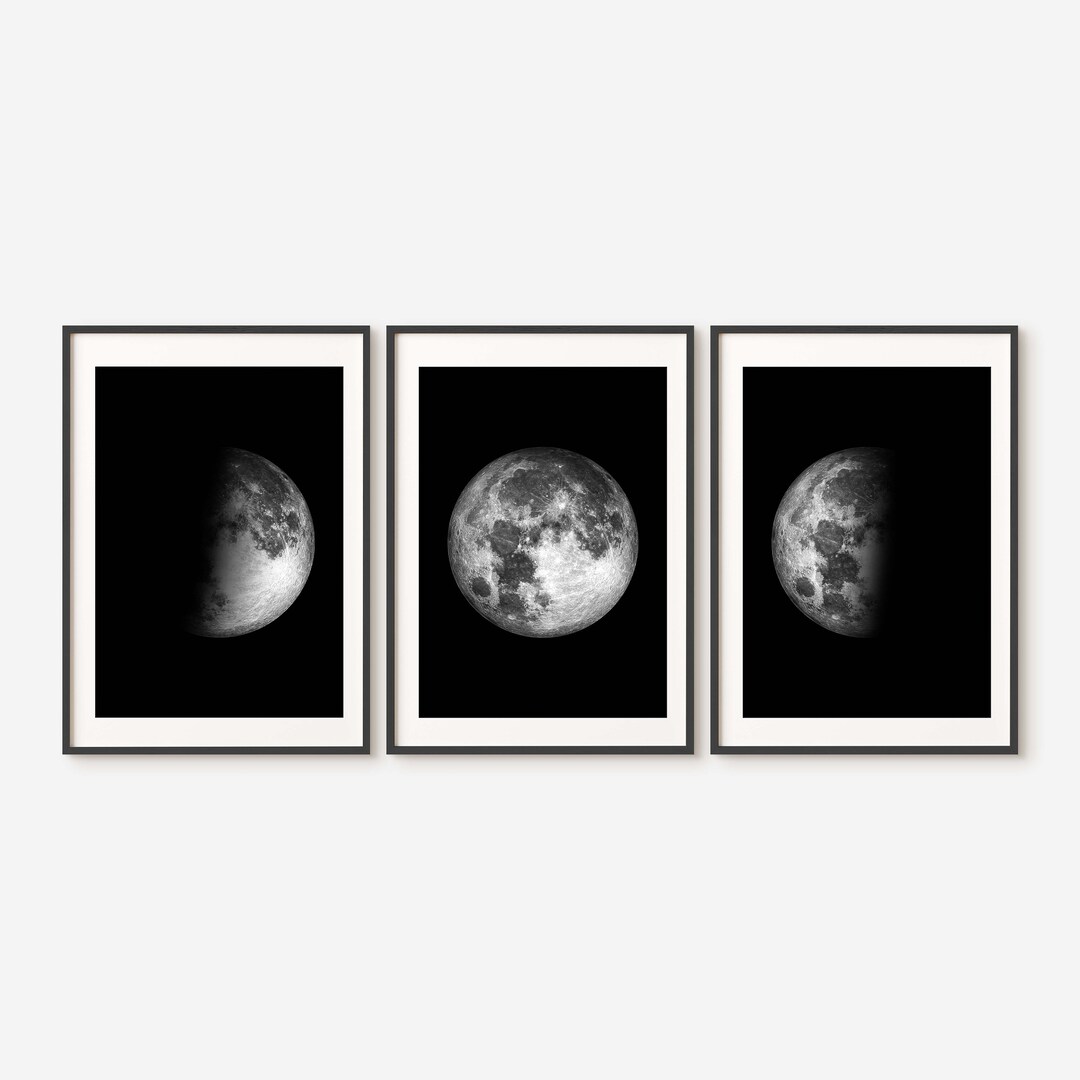 Moon Set of 3 Art Black and White Moon Phases Prints Modern - Etsy
