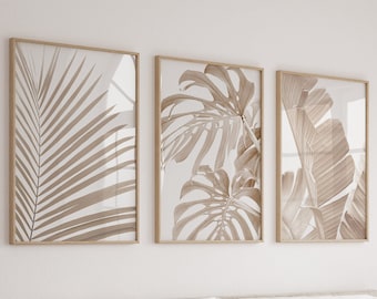 Set Of 3 Wall Art,Botanical Set Of 3,Leaves Printable Art,Tropical Leaf Print,Abstract Leaves,Palm Monstera Print,Set of 3 Neutral Wall Art