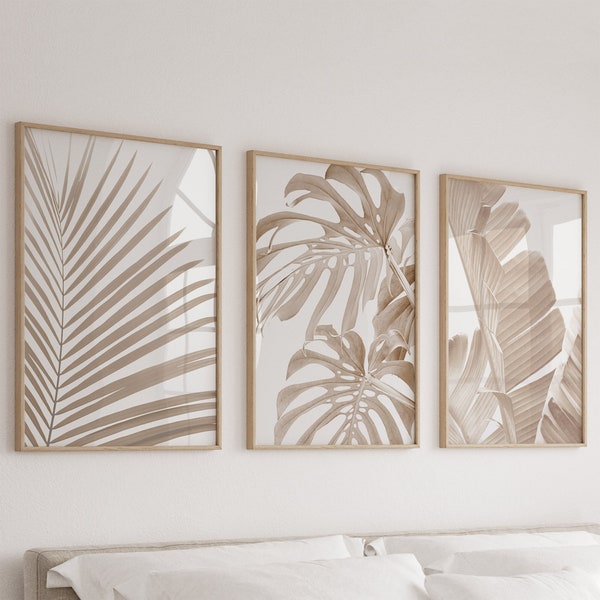 Set Of 3 Wall Art,Botanical Set Of 3,Leaves Printable Art,Tropical Leaf Print,Abstract Leaves,Palm Monstera Print,Set of 3 Neutral Wall Art