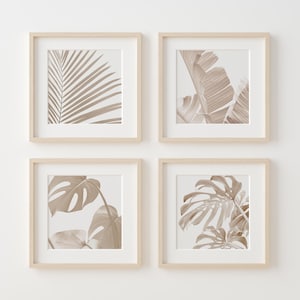 May include: Set of four framed prints featuring close-up images of tropical leaves in shades of brown. The prints are arranged in a grid pattern on a white wall.