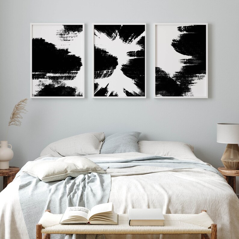 Black and White Wall Art Set of 3 Prints Contemporary Bedroom Decor