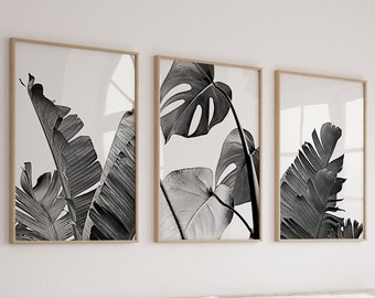 Black White Prints Set of 3 Minimalist Watercolor Leaves Tropical Palm Leaves Printable Art Set of 3 Botanical Art Print Banana Leaf Print