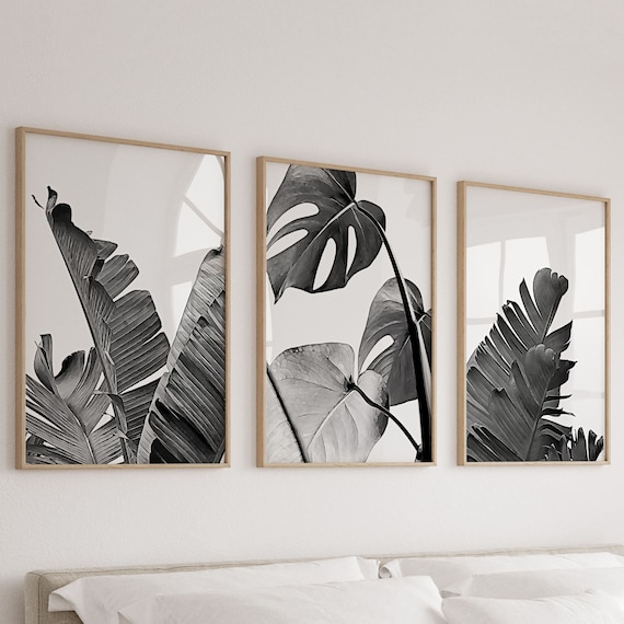 Black White Prints Set of 3 Minimalist Watercolor Leaves Tropical Palm Leaves Printable Art Set of 3 Botanical Art Print Banana Leaf Print