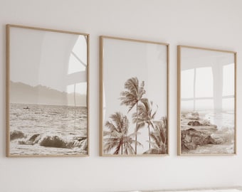 Set of 3 Beach Prints Coastal Wall Art Neutral Beach Print Palm Prints Tropical Wall Art Neutral Tone Palm Wall Art Ocean Wall Art Poster