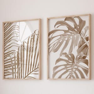 Palm Leaves Wall Art Botanical Print Set of 2 Wall Art Tropical Prints Digital Prints Monstera Art Palm Leaf Printable Art Beige Wall Art