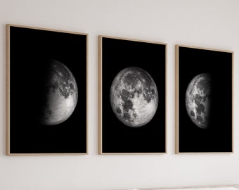 Moon Set of 3 Art Black and White Moon Phases Prints Modern Art Moon Wall Decor Moon Printable Art Minimalist Art Home Decor Living Room Art