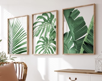 Tropical Leaf Wall Art Set of 3, Palm Leaves, Monstera, Banana Leaf Prints, Botanical Minimalist Decor, Modern Neutral Home Print