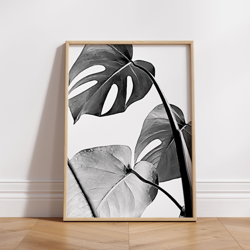 Pode incluir: Ilustra&ccedil;&atilde;o em preto e branco de folhas de monstera em uma moldura simples. As folhas s&atilde;o grandes e t&ecirc;m uma forma distintiva com furos.