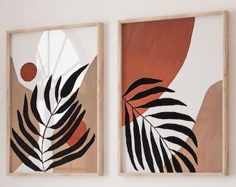 Conjunto de 2 láminas de arte de pared: arte abstracto de hojas, lámina abstracta, arte botánico abstracto, lámina abstracta de hojas, hoja de palma, hojas tropicales.