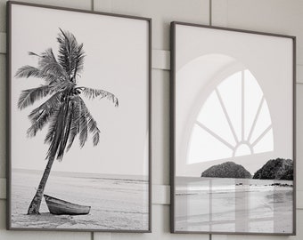 Set of 2 Black and White Prints Beach Wall Art Coastal Print Palm Print Beach Prints Printable Wall Art Set of Prints Digital Prints Poster