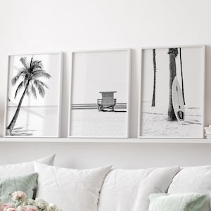 Black and White Prints 3 Piece Wall Art Palm Tree Prints Printable Wall Art Surf Art Coastal Decor Set of 3 Prints Beach Wall Art Poster
