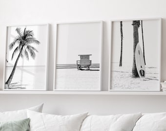 Black and White Prints 3 Piece Wall Art Palm Tree Prints Printable Wall Art Surf Art Coastal Decor Set of 3 Prints Beach Wall Art Poster