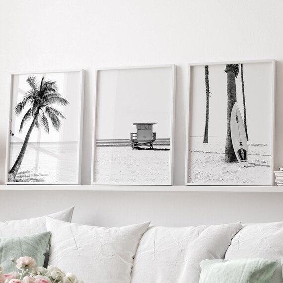 Black and White Prints 3 Piece Wall Art Palm Tree Prints Printable Wall Art Surf Art Coastal Decor Set of 3 Prints Beach Wall Art Poster