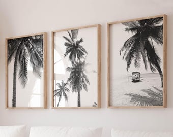 Set of 3 Prints Black and White Palm Tree Tropical Beach Wall Art Coastal Minimalist Decor Modern Neutral Wall Art