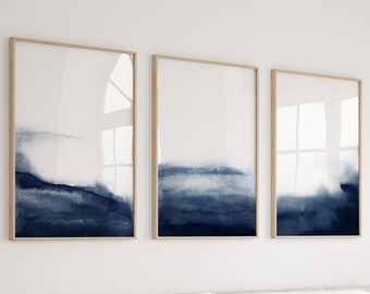 Navy Blue Wall Art Set of 3 Prints Abstract Wall Art Prints Navy Blue Watercolor Modern Printable Art Ocean Wall Art Abstract Watercolor