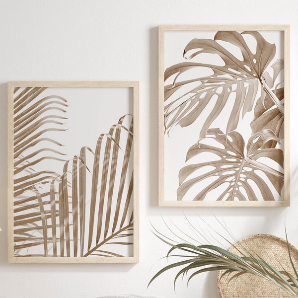 Palm Leaves Wall Art Botanical Print Set of 2 Wall Art Tropical Prints Digital Prints Monstera Art Palm Leaf Printable Art Beige Wall Art