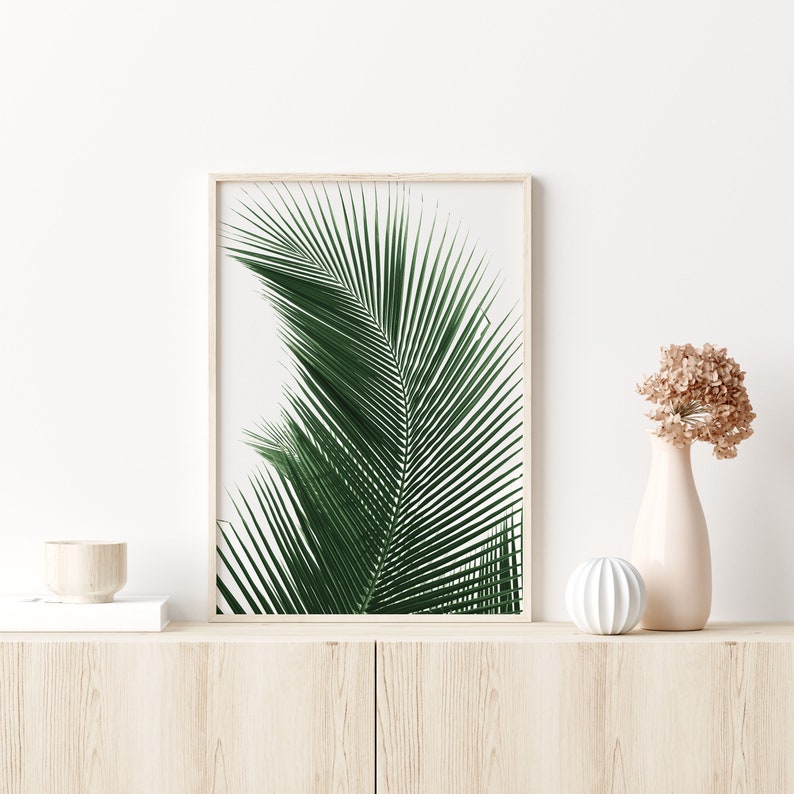 K&ouml;nnte beinhalten: Ein gerahmter Druck eines einzelnen gr&uuml;nen Palmblattes vor wei&szlig;em Hintergrund. Der Druck wird auf einem Holzregal mit einer kleinen wei&szlig;en Vase und einer braunen Vase mit rosa Blumen ausgestellt.