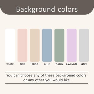 Op de afbeelding: Een kleurenpalet met acht verschillende achtergrondkleuren: wit, roze, beige, blauw, groen, lavendel en grijs. De tekst "Achtergrondkleuren" staat bovenaan de afbeelding. De tekst "U kunt een van deze achtergrondkleuren kiezen of een andere kleur naar keuze." staat onderaan de afbeelding.