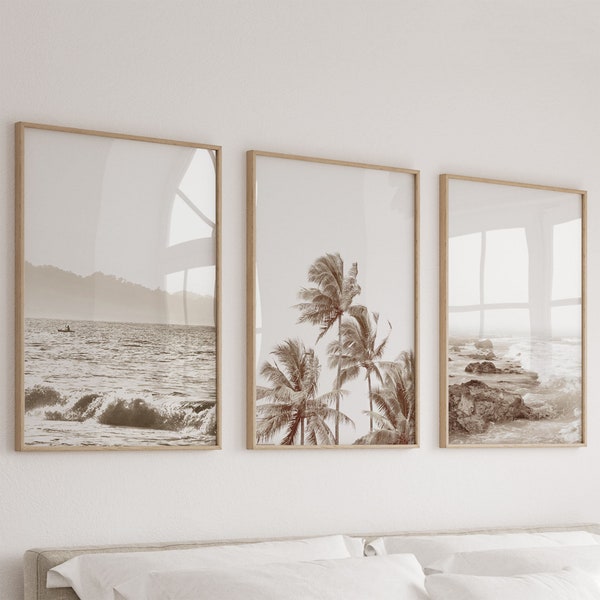 Set of 3 Beach Prints Coastal Wall Art Neutral Beach Print Palm Prints Tropical Wall Art Neutral Tone Palm Wall Art Ocean Wall Art Poster