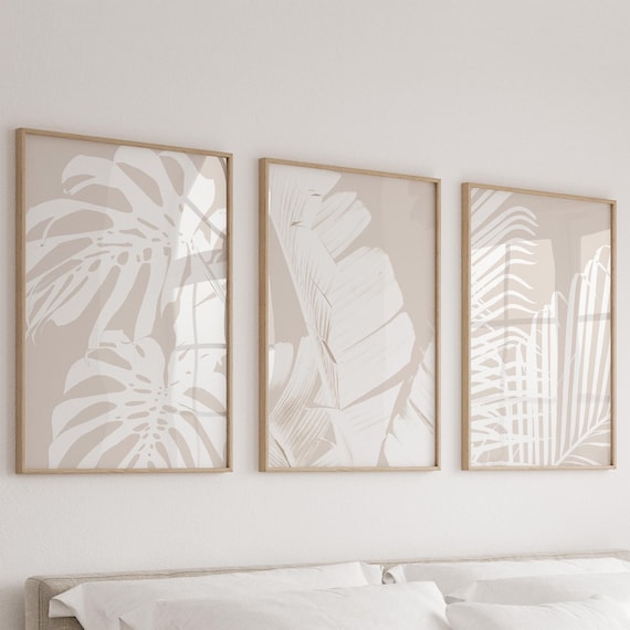 Set of 3 Wall Art Beige Wall Art Tropical Leaves Printable Wall Art Botanical Print Leaves Print Beige Wall Art Neutral Wall Decor Palm Leaf